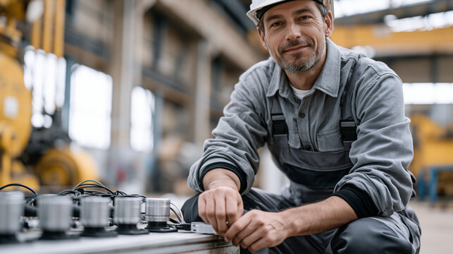 Field technician crouching beside an industrial sensor array in a manufacturing plant, connecting a compact edge processing module to on-site equipment, performing real-time