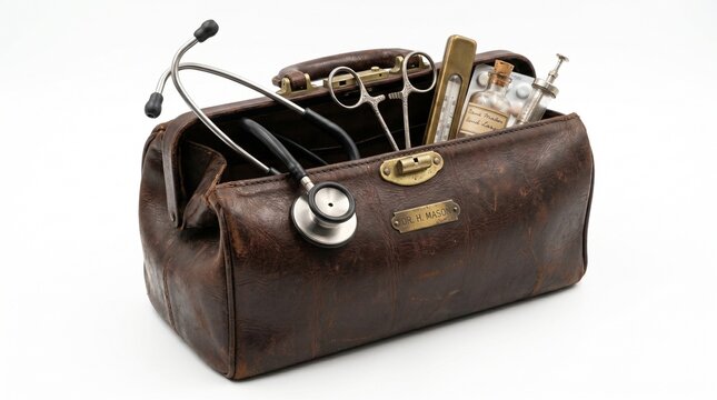 Vintage leather doctor bag with medical tools stethoscope medicine healthcare