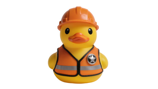 Yellow rubber duck wearing orange hard hat and safety vest, isolated on transparent background