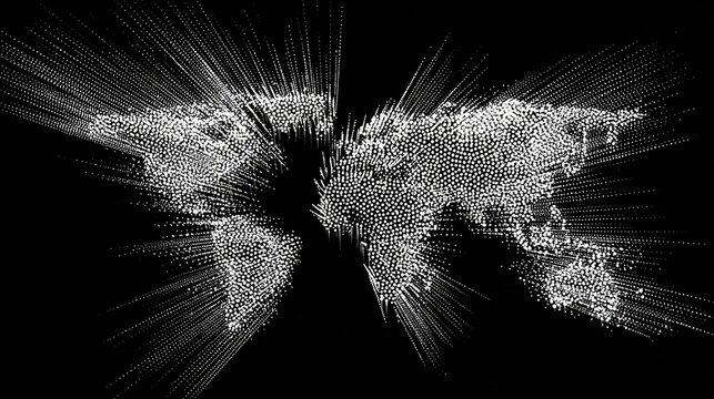 A monochrome world map, pixelated and 3D-like, exploding from a black background with radial bursts