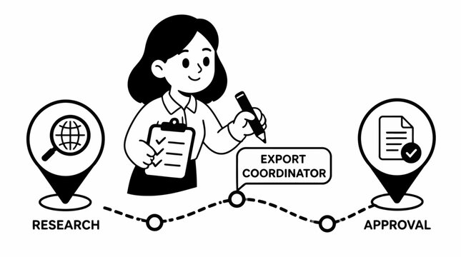 Female export coordinator reviewing documents and research.
