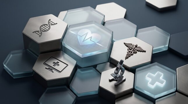 Medical science concept with hexagonal icons featuring dna heartbeat microscope and health symbols on a modern dark background for healthcare technology