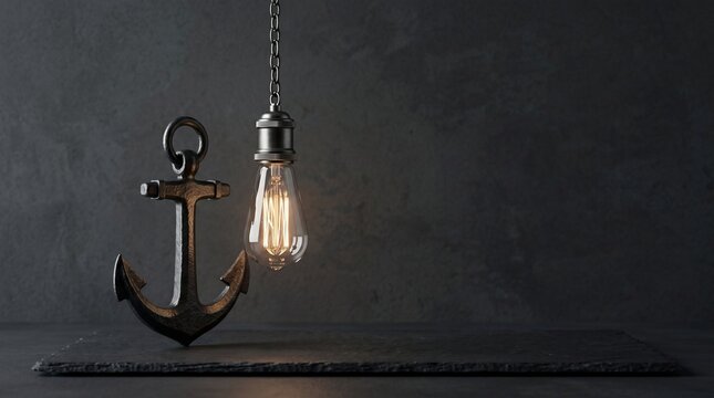 Vintage metal anchor and glowing edison bulb hanging on chain against dark texture background for nautical decor and creative concept inspiration design