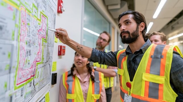 Serious person in a safety vest pointing at an office floor plan for a corporate emergency briefing, showing a professional and organized atmosphere