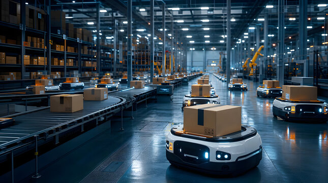 AI powered automated warehouse robotics system moving packages in smart logistics fulfillment center modern supply chain technology for e-commerce distribution industrial automation and Industry 4.0