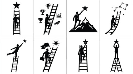 Fototapeta premium Black silhouette illustrations of people climbing ladders, reaching stars, and achieving success with motivational career growth concepts