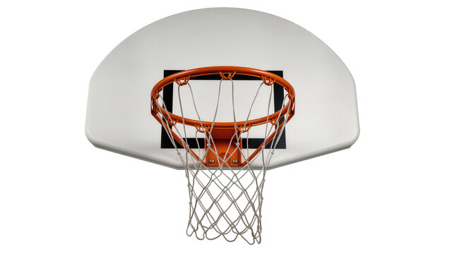 Orange basketball hoop with white backboard and net, isolated on transparent background