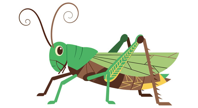Green grasshopper illustration with stylized details and a white background