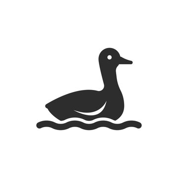 Duck swimming on water icon. Waterfowl floating in lake or pond. Monochrome black and white symbol