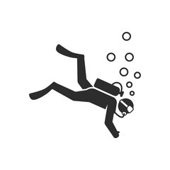 Scuba diving and underwater exploration icon. Diver swimming with flippers and air bubbles. Monochrome black and white symbol © Mintoboru