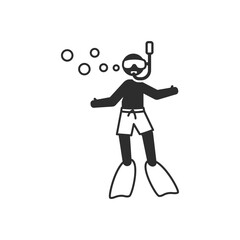 Snorkeling and underwater swimming icon. Person with flippers mask and snorkel underwater with bubbles. Monochrome black and white symbol © Mintoboru