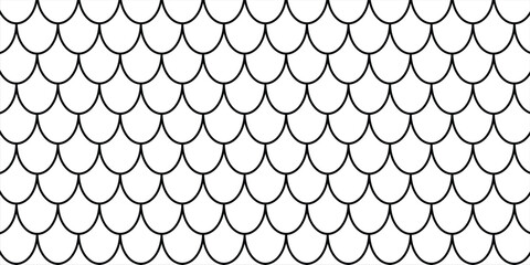 Fish scale seamless pattern. Mermaid, dragon, snake scales background. Water wave, roof tiles black line wallpaper. Mermaid tail pattern. Snake skin, fish endless texture. Japanese minimal ornament © ALIJABAH