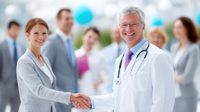 Doctor and businesswoman shaking hands symbolizing successful partnership collaboration and professional healthcare agreement