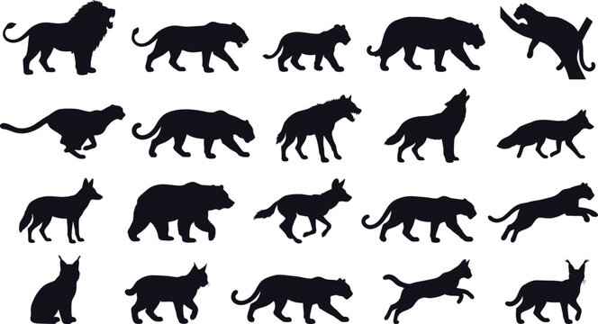 Collection of black silhouettes depicting various wild cats and felines in different poses silhouette