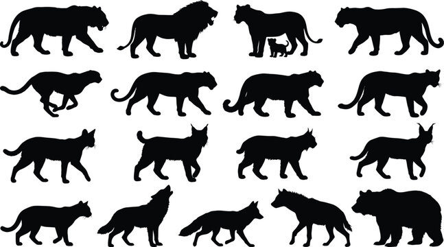 Collection of big cat and canine silhouettes including lions tigers and wolves silhouette