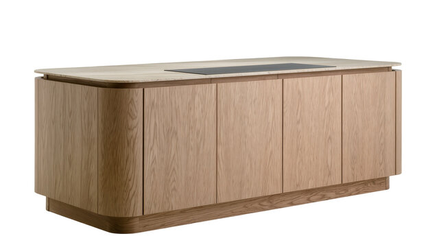 Modern wooden kitchen island with integrated stovetop, isolated on transparent background