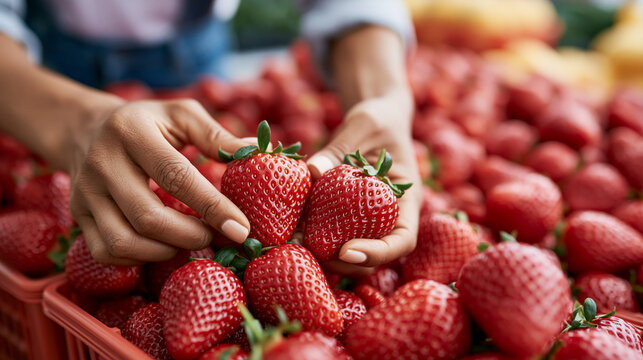 Hands selecting ripe, juicy strawberries from abundant crates, highlighting freshness, harvesting, and healthy food choices at a farmer's market or farm