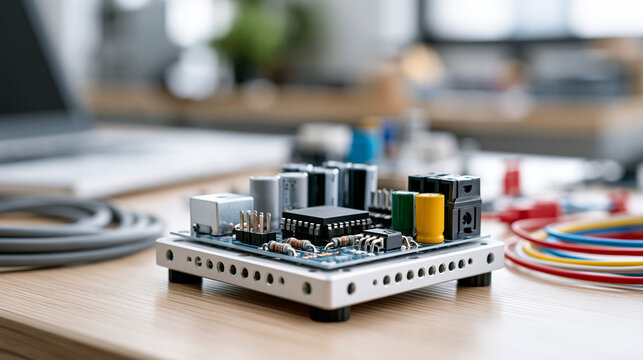 Electronics circuit board with integrated chip, resistors, and capacitors on a workbench, symbolizing engineering, prototyping, and modern technology development