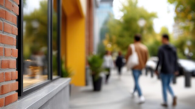 People moving past a coffee shop window showing a blurred city life outside people relaxing inside