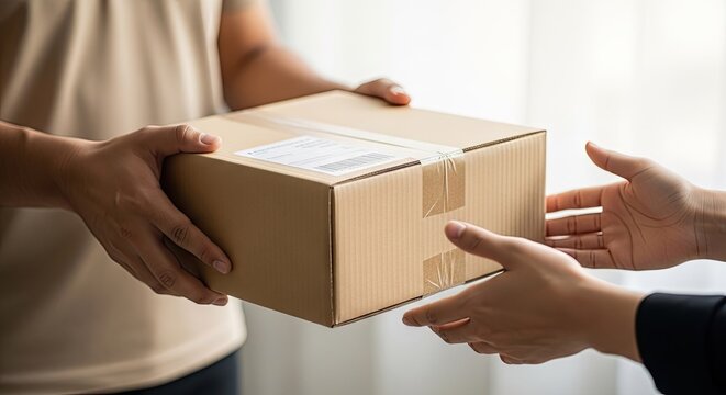 Delivery person hands over a sealed cardboard parcel to a recipient indoors