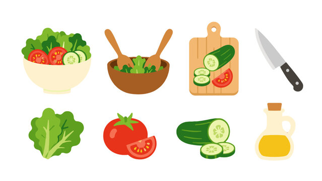 Flat design salad preparation icons with fresh vegetables