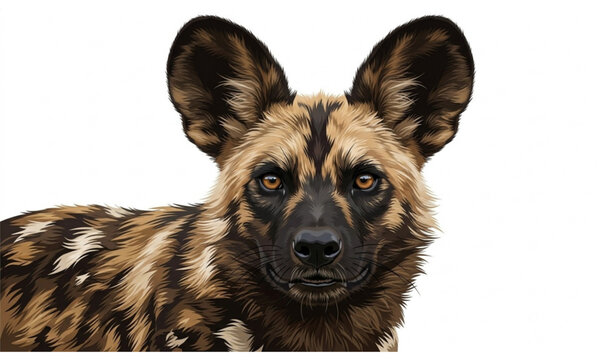 Close Up African Wild Dog Portrait Vector Illustration Looking at Camera Isolated on White
