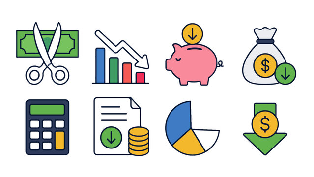 Cost reduction and budget management line icon set