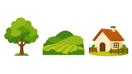 Gardinen Bauernhof Rural landscape vector set with tree, fields, and cottage  © Alan