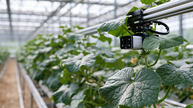 Machine vision camera mounted on a greenhouse rail scanner identifies early powdery mildew spores on cucumber leaves, flagging infected plants with a digital pin on a crop map