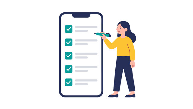 Woman checking survey list on smartphone vector illustration