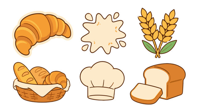 Cartoon bakery set with croissant bread wheat and chef hat