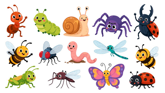 Cute cartoon insect and bug characters collection on white