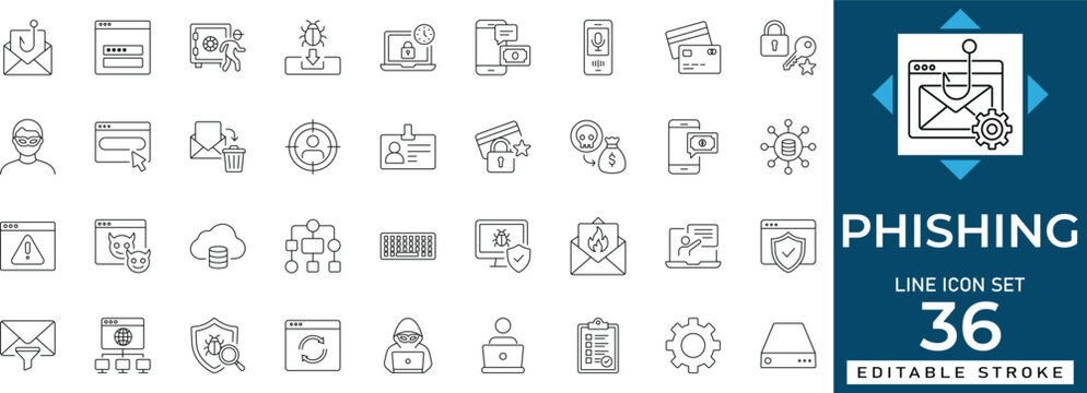 Phishing line icon set featuring cyber, crime, email, fraud, attack, security, and alert. Professional editable vector illustration for security app and UI UX design.