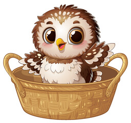 Obraz premium Cute Baby Owl Sitting in a Woven Wicker Basket Vector Illustration