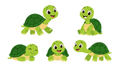 Obraz premium Cute green turtle characters in different poses on white