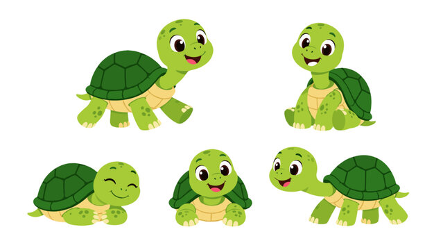 Cute green turtle characters in different poses on white