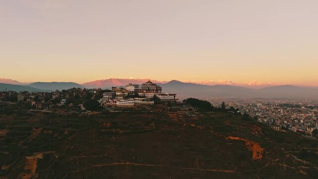Buddhist Monastery Hilltop Sunrise Himalayan Peaks Kathmandu Valley Nepal Drone	
