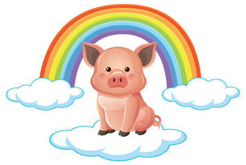 Naklejka premium Cartoon Pink Piglet Sitting on White Cloud Under a Vibrant Rainbow Arch