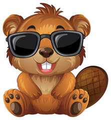 Obraz premium Cute Cartoon Beaver Mascot Wearing Black Sunglasses Isolated on White Background