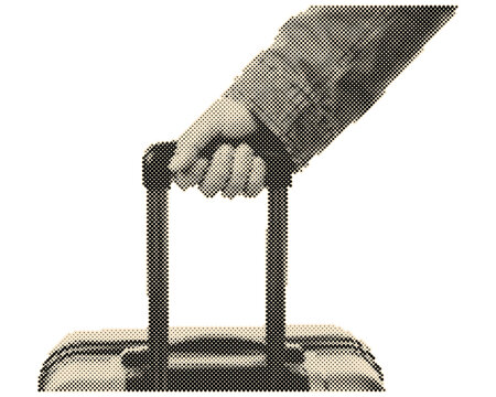 Hand pulling vintage retro halftone suitcase with circle dots pattern illustration isolated on transparent background