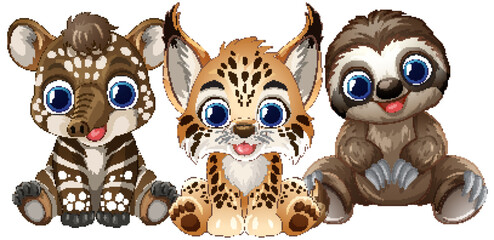 Fototapeta premium Cute Cartoon Baby Tapir Lynx and Sloth Sitting Together