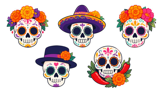 Colorful sugar skull sticker set with flowers hats and pepper