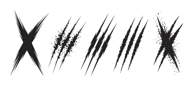 Scary animal monster claw scratch marks vector set, horror design damage textures ripped surface blood scratch effect illustration collection