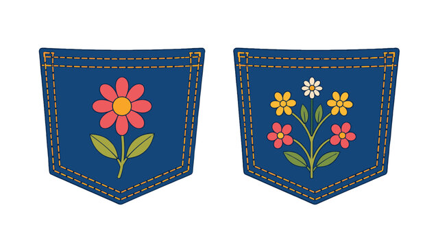 Blue denim pockets with colorful floral embroidery design