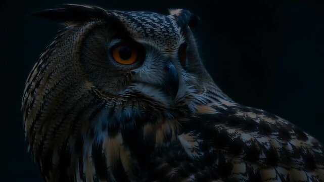 Great horned owl turning its head in slow motion cinematic video footage with dramatic lighting and detailed feather textures visible