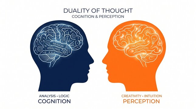Two contrasting head silhouettes with brain outlines symbolizing cognition, perception, and duality of thought in minimalist vector design.