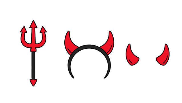 Red devil horns headband and trident icon set
