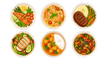Naklejka premium Top view dinner dishes icon set with assorted plated meals