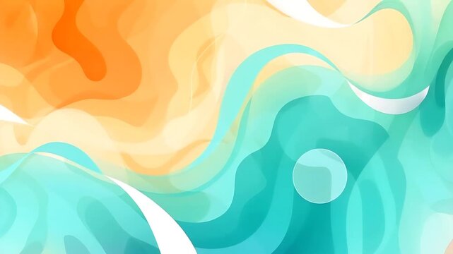 Orange, yellow, turquoise, and blue abstract design with flowing liquid shapes. Suitable for backgrounds, wallpaper, marketing materials, and products.