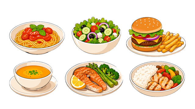 Food icon set with pasta salad burger soup salmon and rice